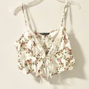 Floral Crop Top Lace-Trim Tie-Front Cami White Boho Summer Tank